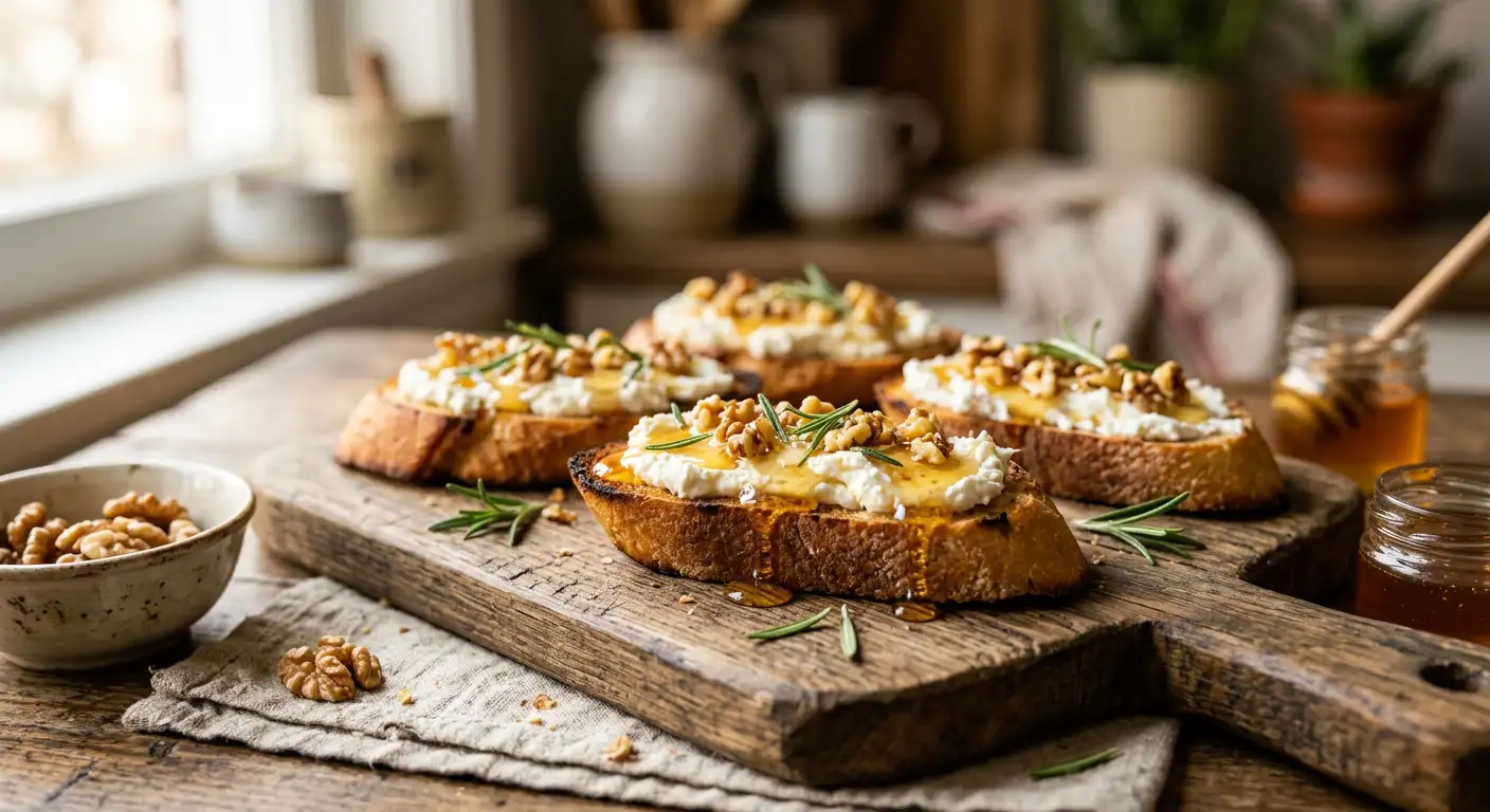 Bruschete cu brânză de capră și miere – rețetă rapidă