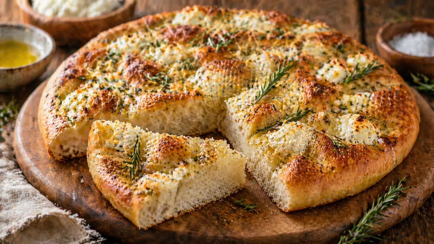 Focaccia cu brânză de capră și rozmarin