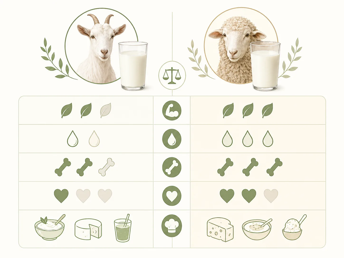 Tabel comparativ valori nutriționale lapte de capră vs lapte de oaie: proteine, grăsimi, calciu, gust, utilizări