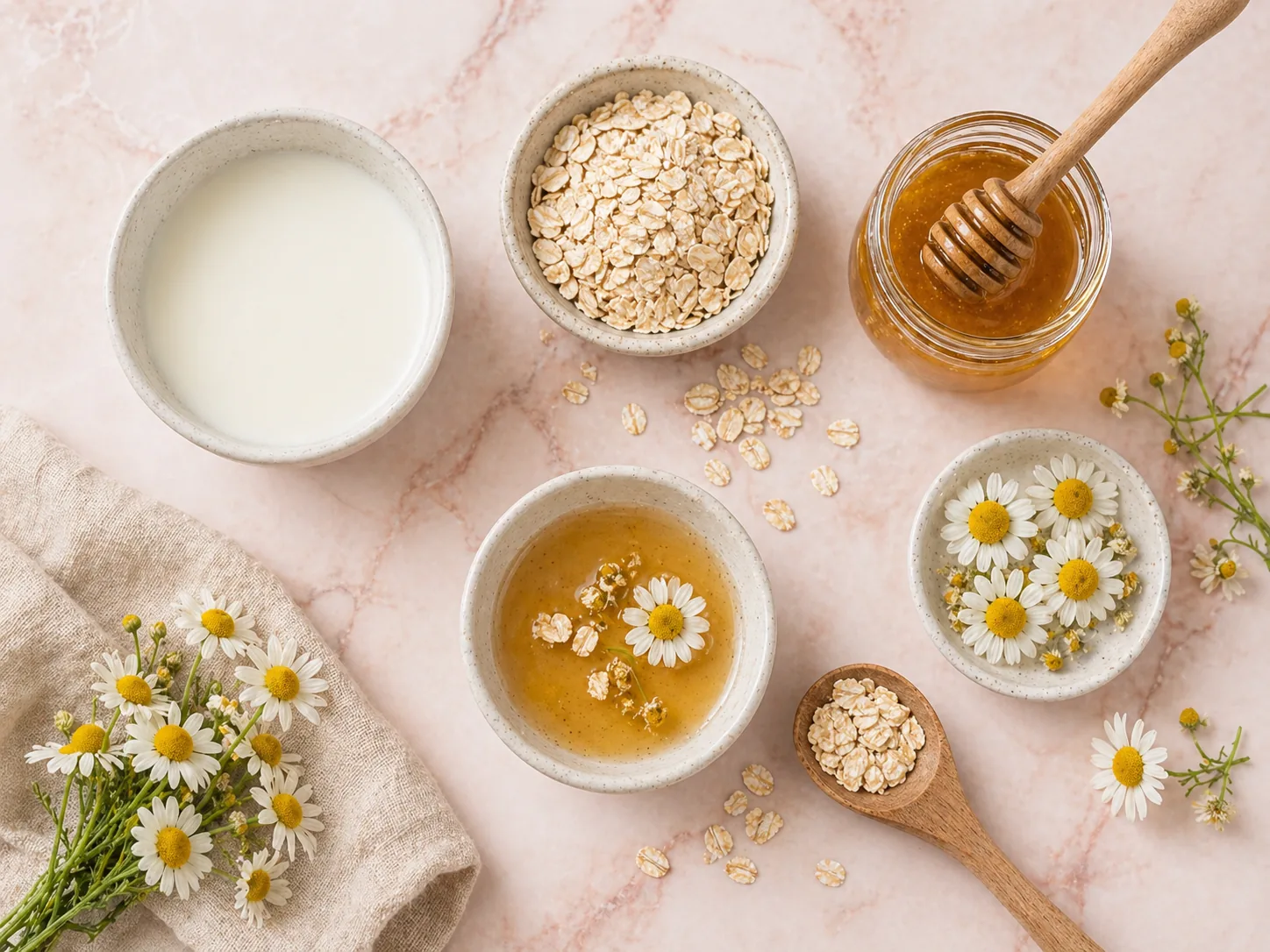 Ingrediente naturale pentru mască de față cu zer de capră: zer, miere, ovăz, mușețel, ulei de măsline, pe fundal de marmură roz