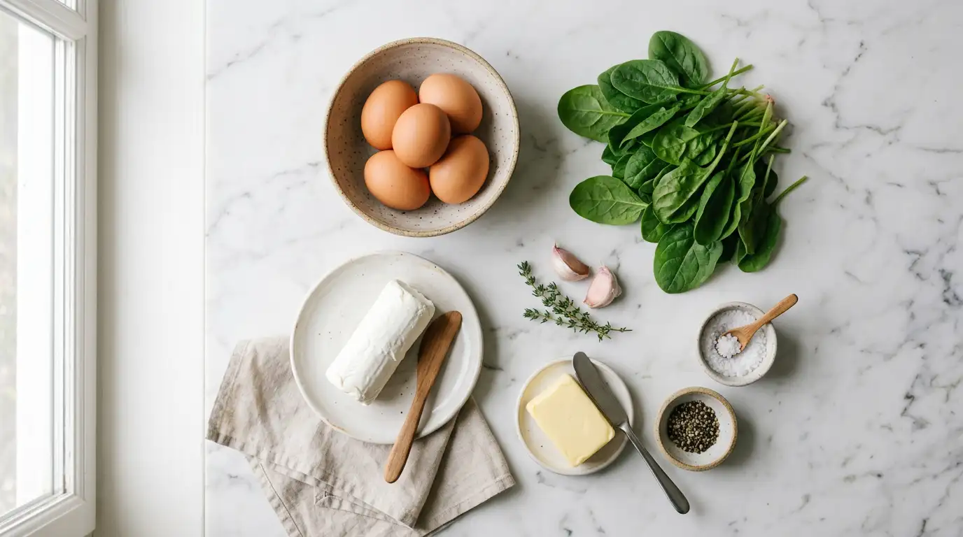 Ingrediente pentru omletă cu brânză de capră și spanac: ouă proaspete, brânză de capră, spanac, unt, usturoi